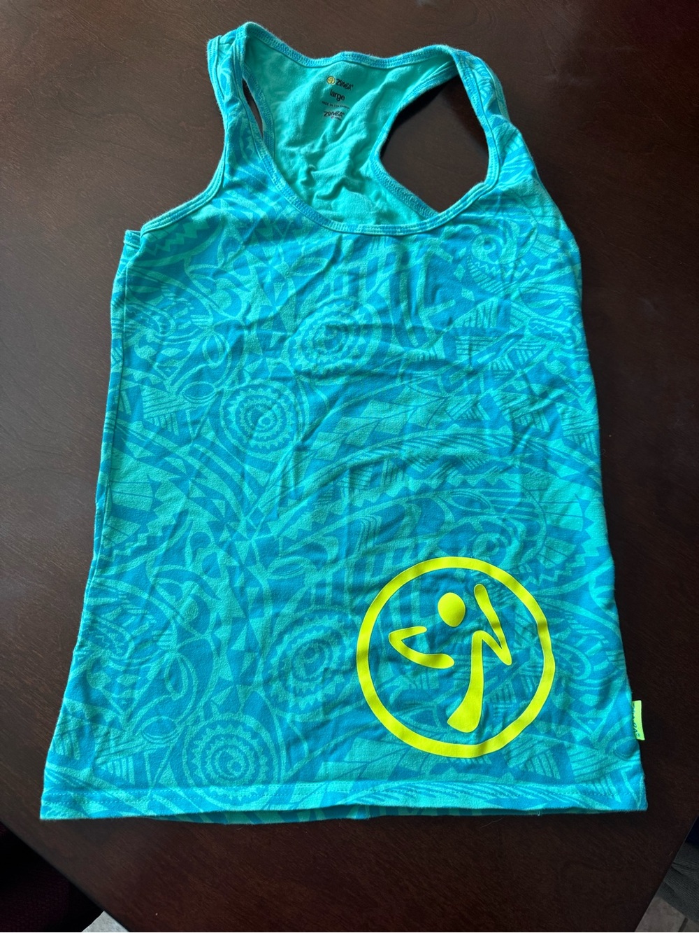 Zumba Fitness Women’s Teal Patterned Racerback Swim Tank with Yellow Logo